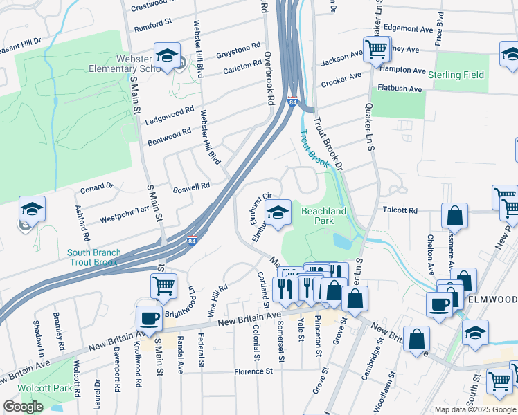 map of restaurants, bars, coffee shops, grocery stores, and more near 61 Elmhurst Street in West Hartford