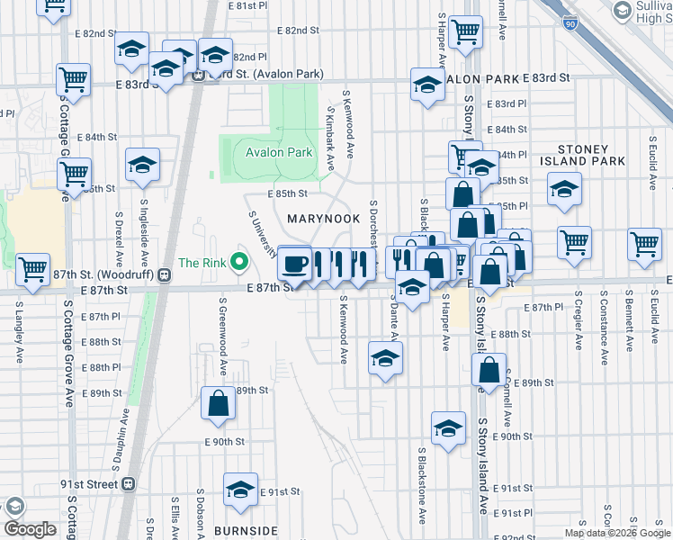 map of restaurants, bars, coffee shops, grocery stores, and more near 8668 South Kimbark Avenue in Chicago