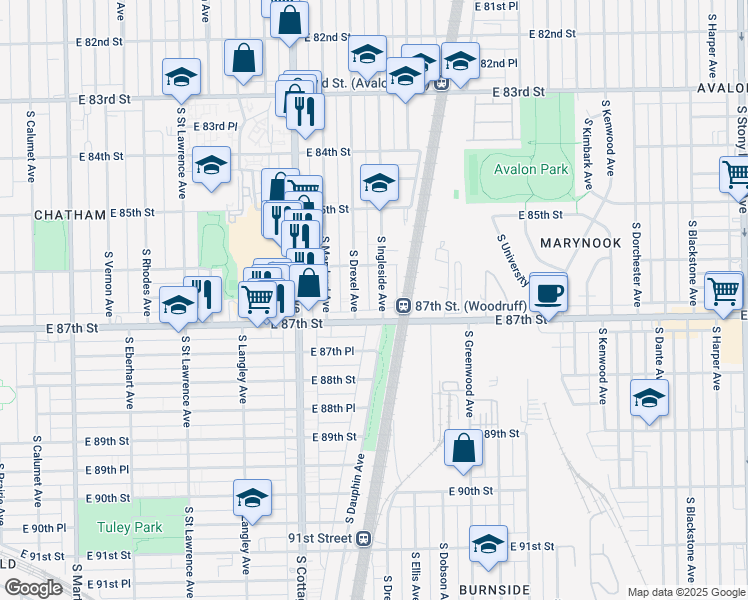 map of restaurants, bars, coffee shops, grocery stores, and more near 8630 South Ingleside Avenue in Chicago