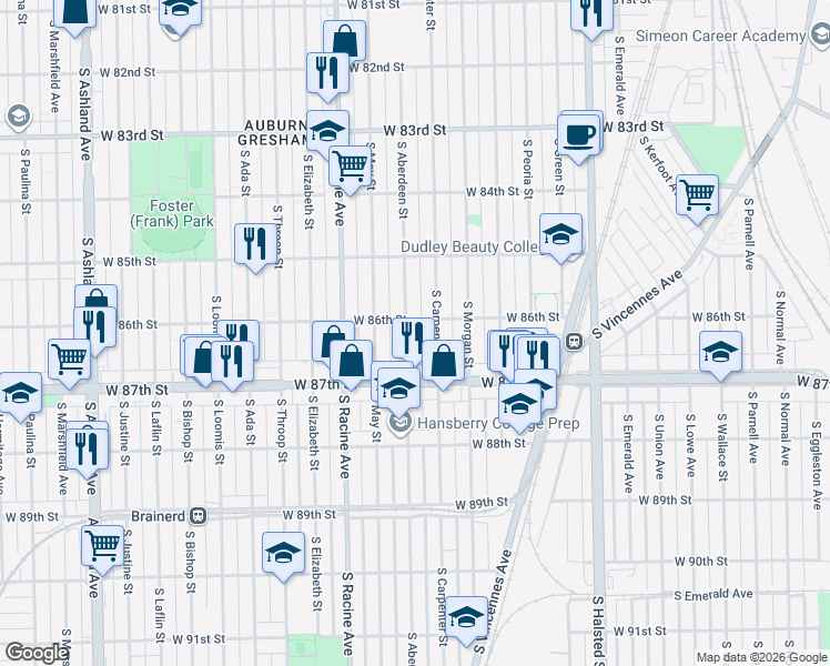 map of restaurants, bars, coffee shops, grocery stores, and more near 8606 South Aberdeen Street in Chicago