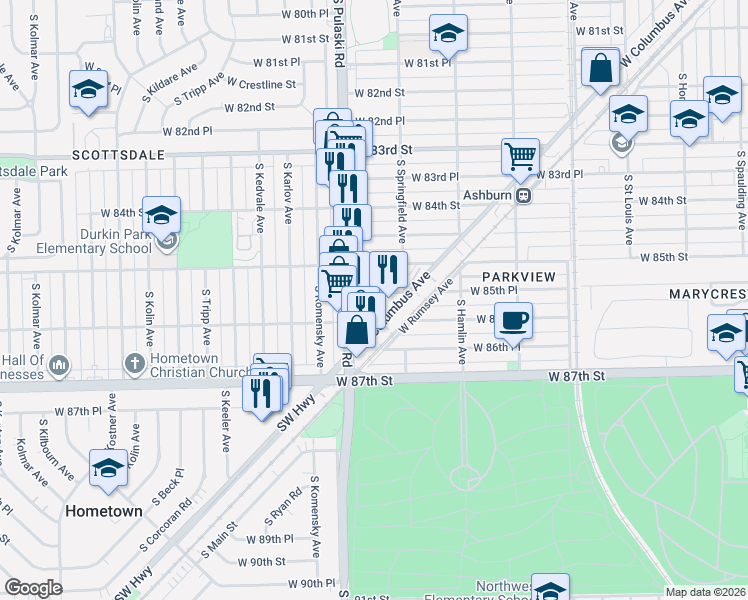 map of restaurants, bars, coffee shops, grocery stores, and more near 3923 West 85th Place in Chicago