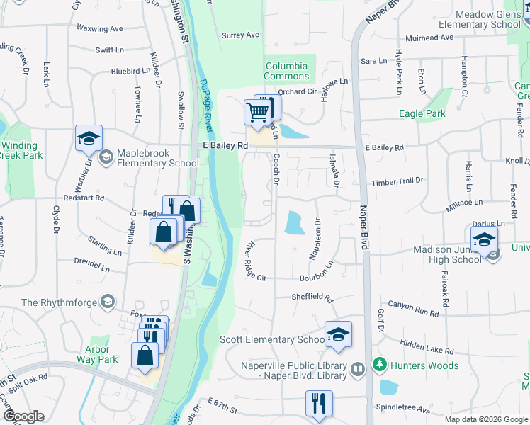 map of restaurants, bars, coffee shops, grocery stores, and more near 258 East Bailey Road in Naperville