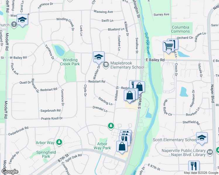 map of restaurants, bars, coffee shops, grocery stores, and more near 48 Redstart Road in Naperville