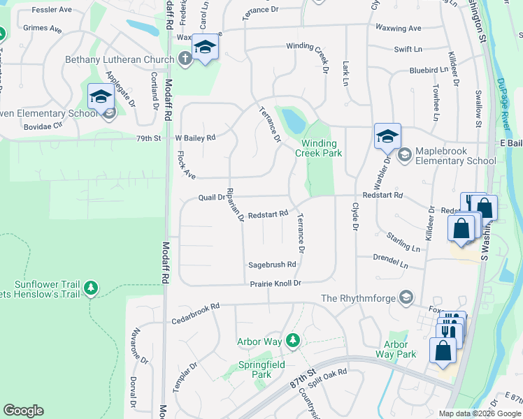 map of restaurants, bars, coffee shops, grocery stores, and more near 413 Redstart Road in Naperville