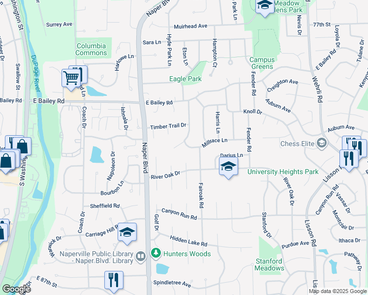 map of restaurants, bars, coffee shops, grocery stores, and more near 828 Millrace Lane in Naperville