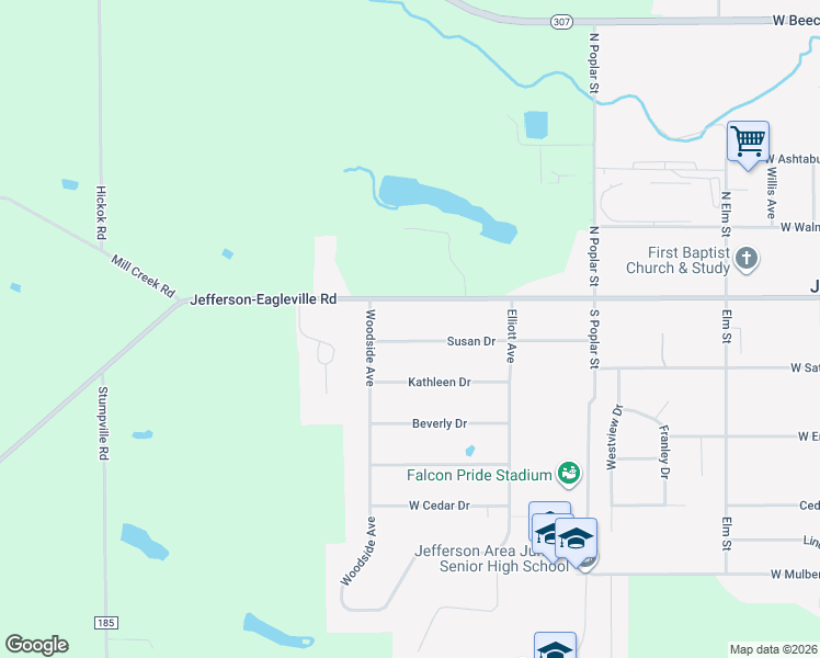 map of restaurants, bars, coffee shops, grocery stores, and more near 381 Susan Drive in Jefferson