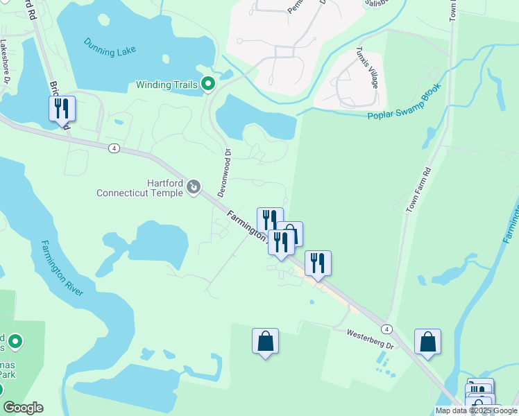 map of restaurants, bars, coffee shops, grocery stores, and more near 3 Forest Park Drive in Farmington