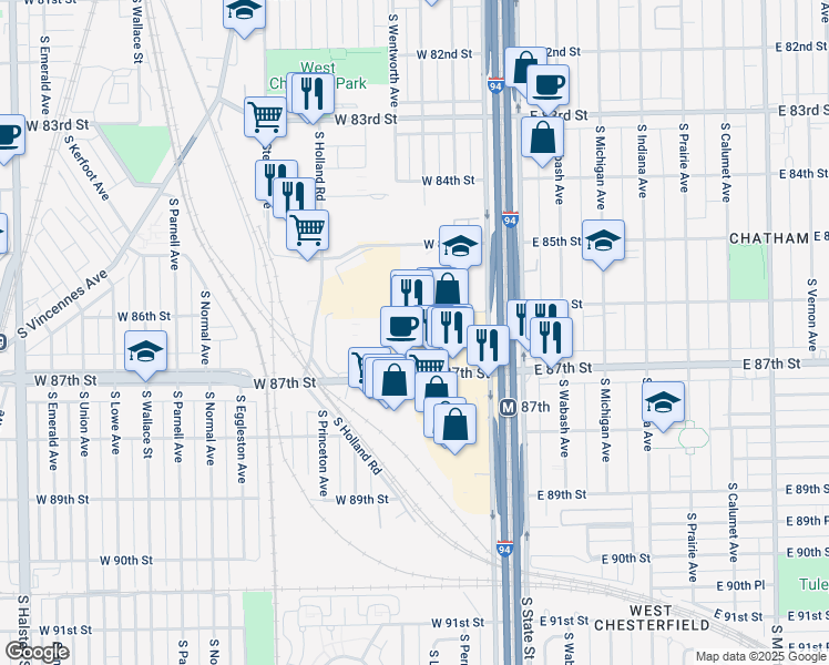 map of restaurants, bars, coffee shops, grocery stores, and more near 112 West 87th Street in Chicago