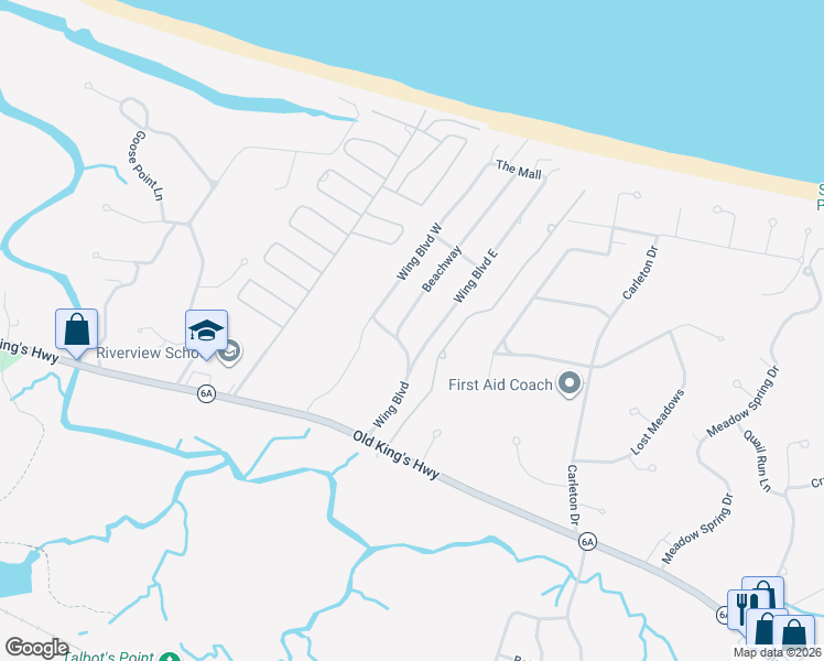 map of restaurants, bars, coffee shops, grocery stores, and more near 8 Beachway in Sandwich