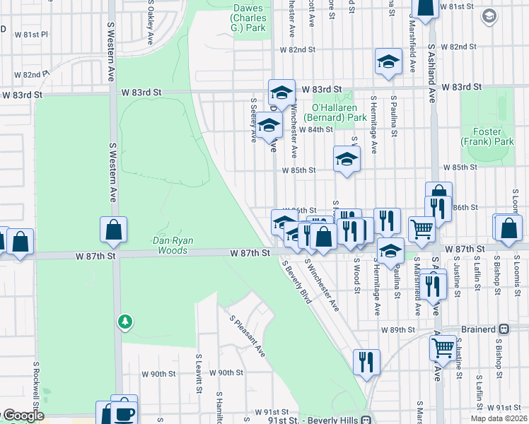 map of restaurants, bars, coffee shops, grocery stores, and more near 2011 West 86th Street in Chicago