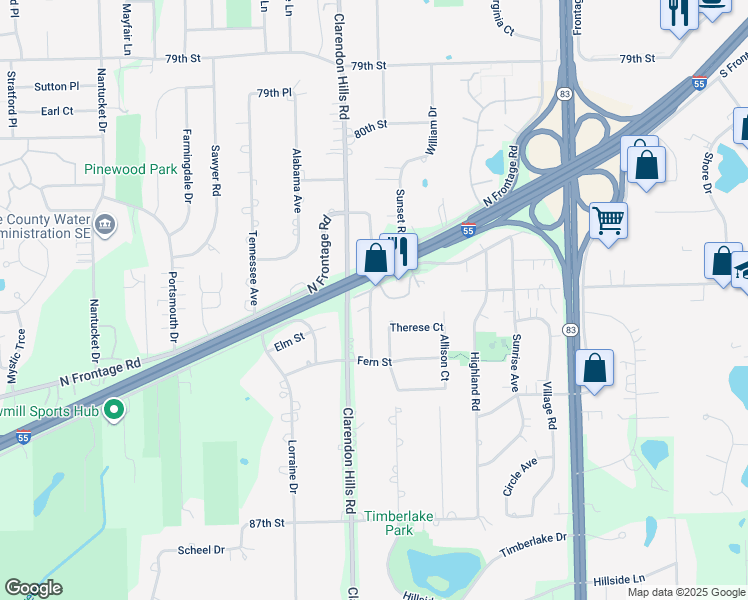 map of restaurants, bars, coffee shops, grocery stores, and more near 9s070 South Frontage Road in Willowbrook