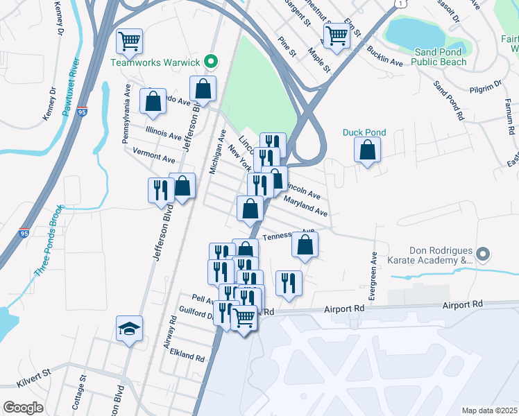 map of restaurants, bars, coffee shops, grocery stores, and more near 1599 Post Rd in Warwick