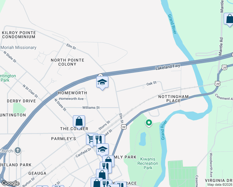 map of restaurants, bars, coffee shops, grocery stores, and more near 585 Elm Street in Painesville