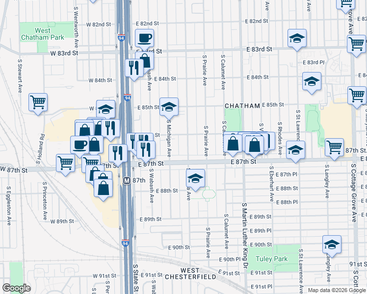 map of restaurants, bars, coffee shops, grocery stores, and more near 8626 South Indiana Avenue in Chicago