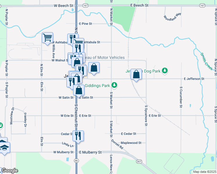 map of restaurants, bars, coffee shops, grocery stores, and more near 21 South Market Street in Jefferson