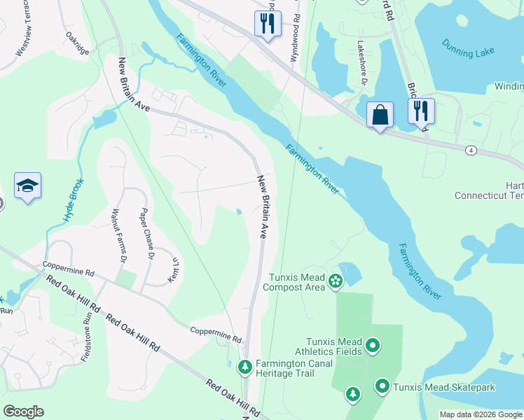 map of restaurants, bars, coffee shops, grocery stores, and more near 806 New Britain Avenue in Farmington