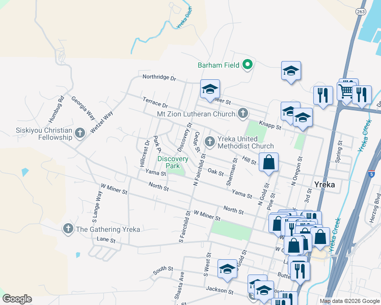 map of restaurants, bars, coffee shops, grocery stores, and more near 814 Oak Street in Yreka