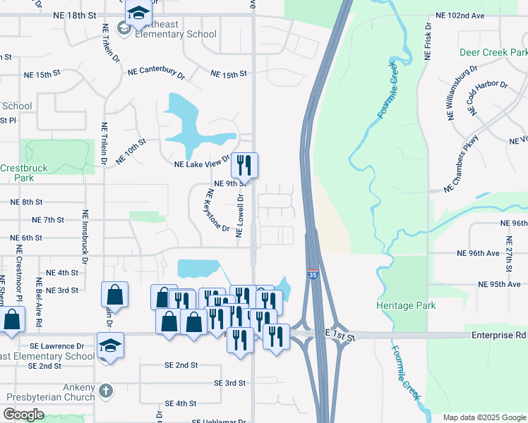 map of restaurants, bars, coffee shops, grocery stores, and more near 1103 Northeast 7th Lane in Ankeny
