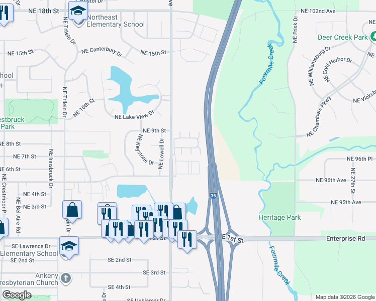 map of restaurants, bars, coffee shops, grocery stores, and more near 1203 Northeast 7th Lane in Ankeny