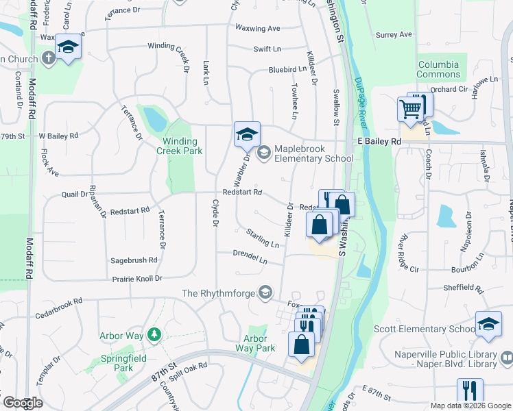 map of restaurants, bars, coffee shops, grocery stores, and more near 73 Finch Court in Naperville