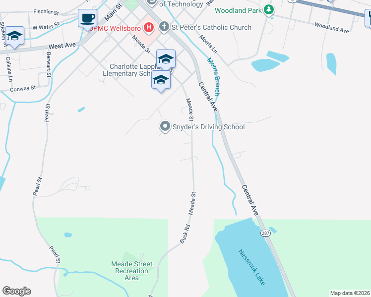 map of restaurants, bars, coffee shops, grocery stores, and more near 84 Meade St in Wellsboro