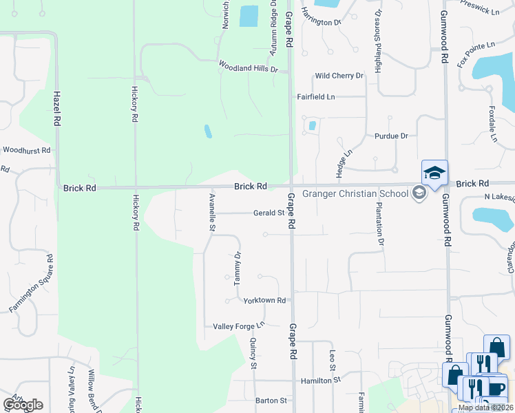 map of restaurants, bars, coffee shops, grocery stores, and more near 16501-16799 Gerald St in Granger