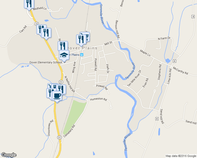 map of restaurants, bars, coffee shops, grocery stores, and more near 42 Mallard Way in Dover Plains