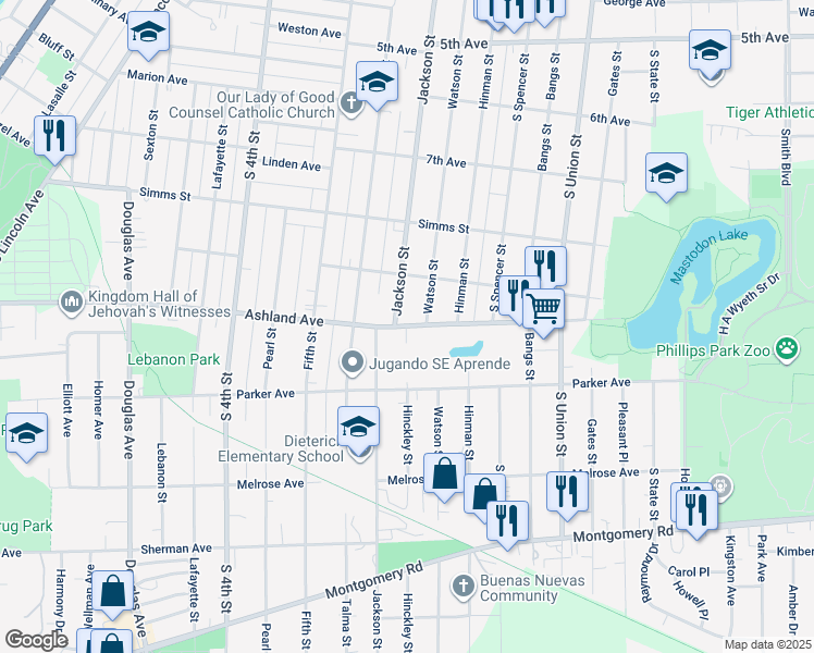 map of restaurants, bars, coffee shops, grocery stores, and more near 557 Ashland Avenue in Aurora
