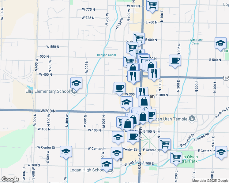map of restaurants, bars, coffee shops, grocery stores, and more near 149 West 300 North in Logan