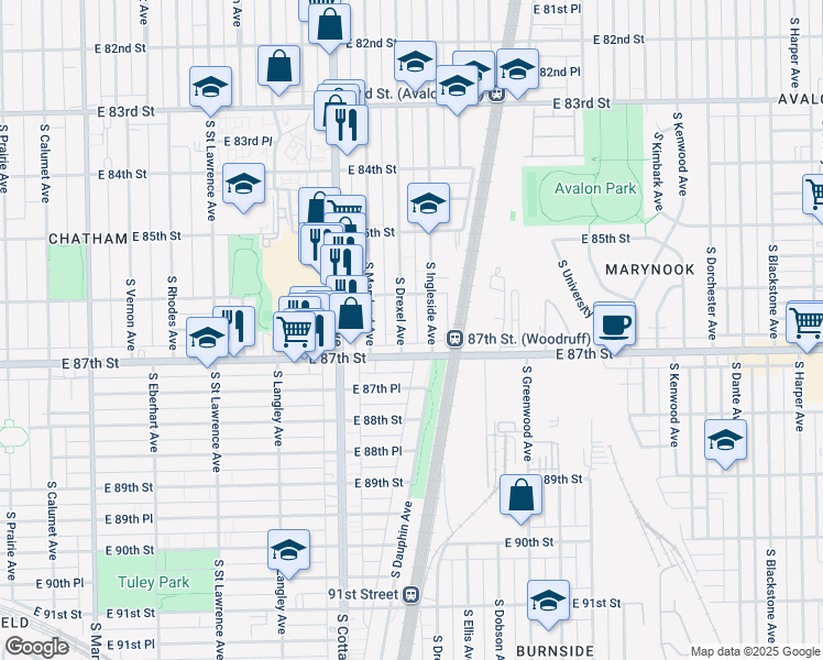 map of restaurants, bars, coffee shops, grocery stores, and more near 8630 South Ingleside Avenue in Chicago