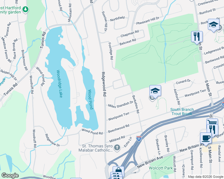 map of restaurants, bars, coffee shops, grocery stores, and more near 3 Greensview Drive in West Hartford
