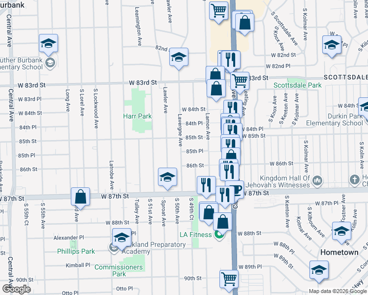 map of restaurants, bars, coffee shops, grocery stores, and more near 4956 W 85th Pl in Burbank