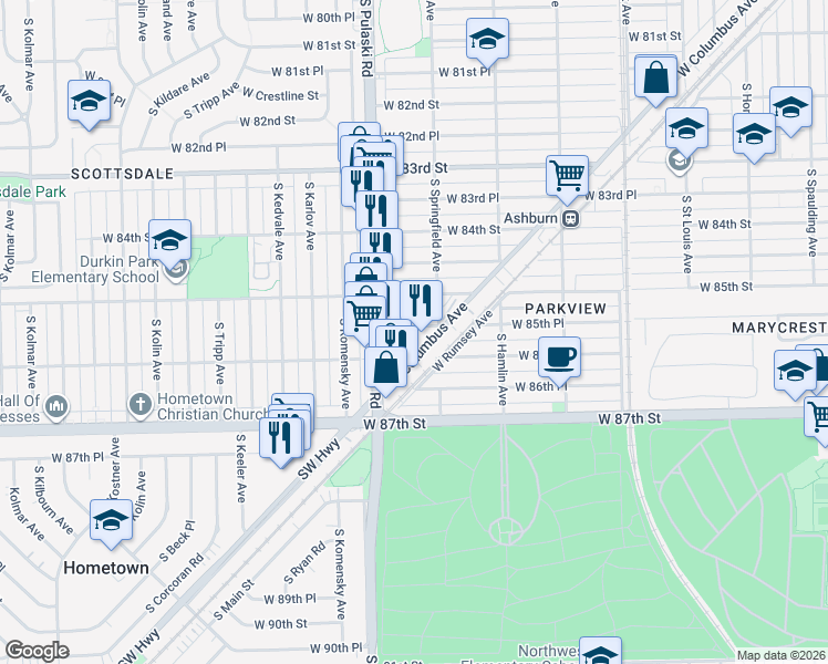 map of restaurants, bars, coffee shops, grocery stores, and more near 3923 West 85th Place in Chicago