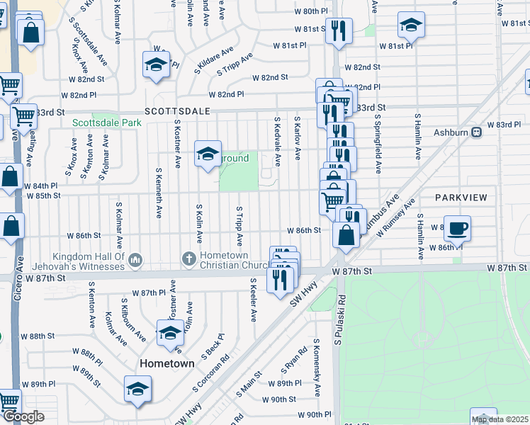 map of restaurants, bars, coffee shops, grocery stores, and more near 8533 South Keeler Avenue in Chicago