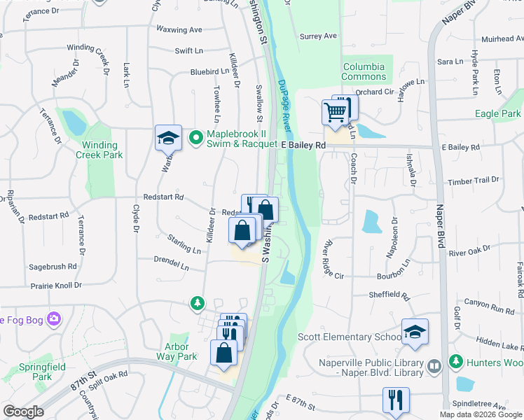 map of restaurants, bars, coffee shops, grocery stores, and more near 1711 South Washington Street in Naperville