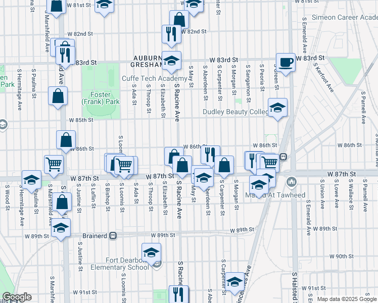 map of restaurants, bars, coffee shops, grocery stores, and more near 8606 South May Street in Chicago