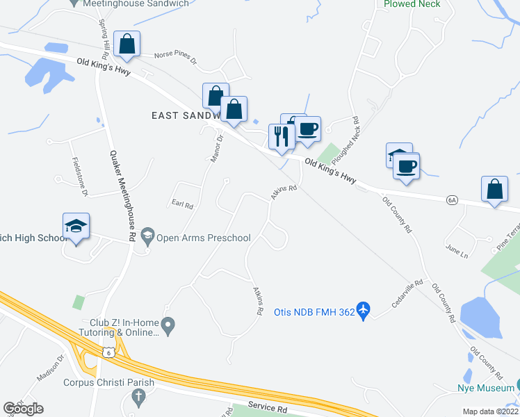 map of restaurants, bars, coffee shops, grocery stores, and more near 1 Crestview Drive in Sandwich