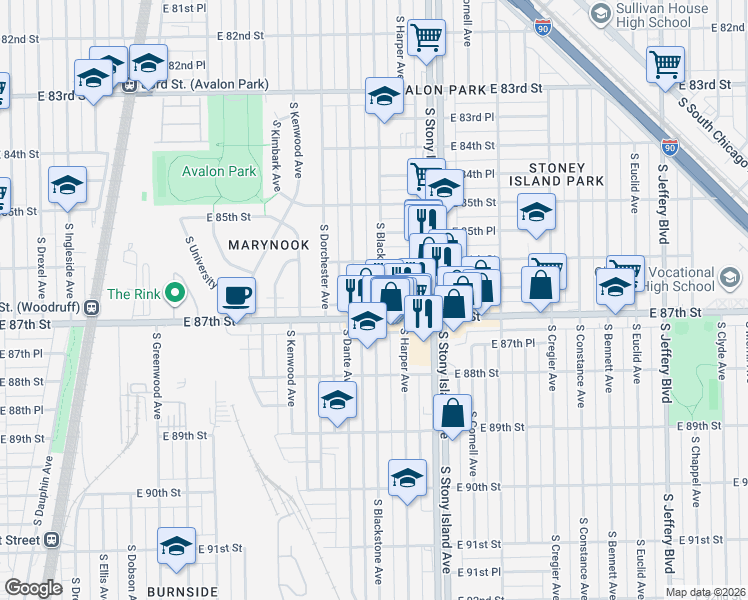 map of restaurants, bars, coffee shops, grocery stores, and more near 8640 South Blackstone Avenue in Chicago