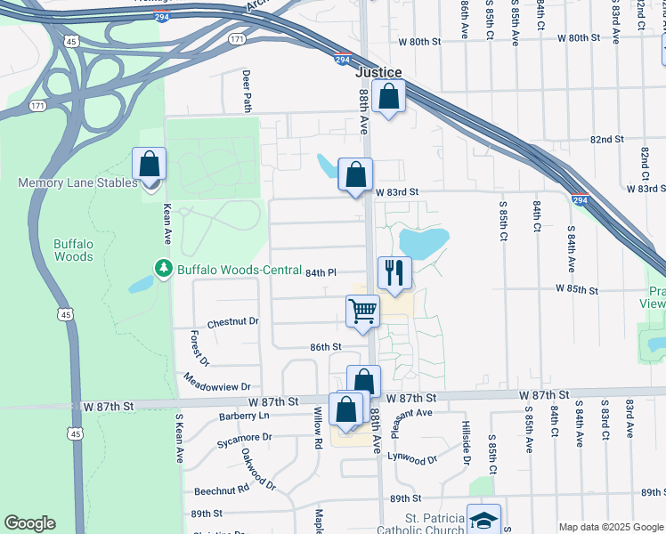 map of restaurants, bars, coffee shops, grocery stores, and more near 8816 West 84th Place in Justice