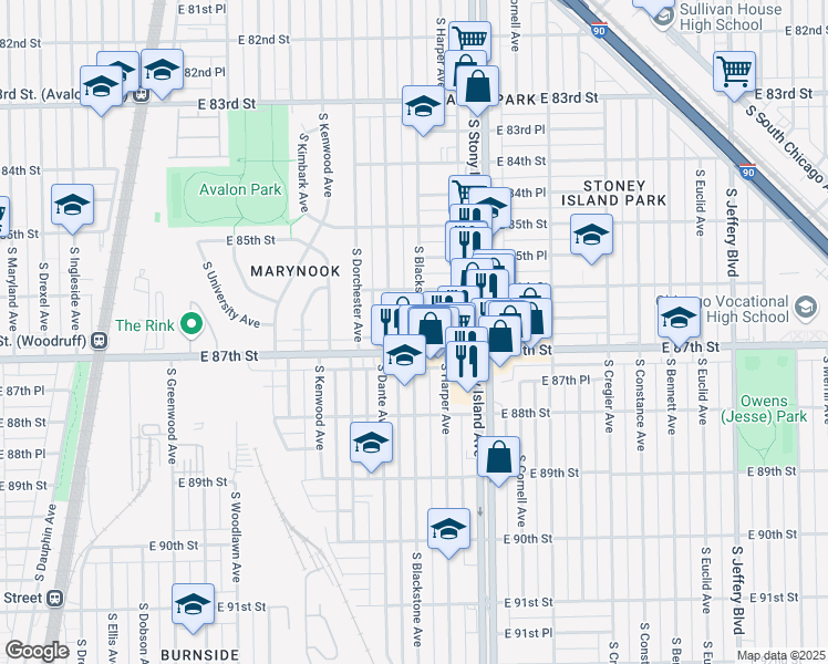 map of restaurants, bars, coffee shops, grocery stores, and more near 8640 South Blackstone Avenue in Chicago