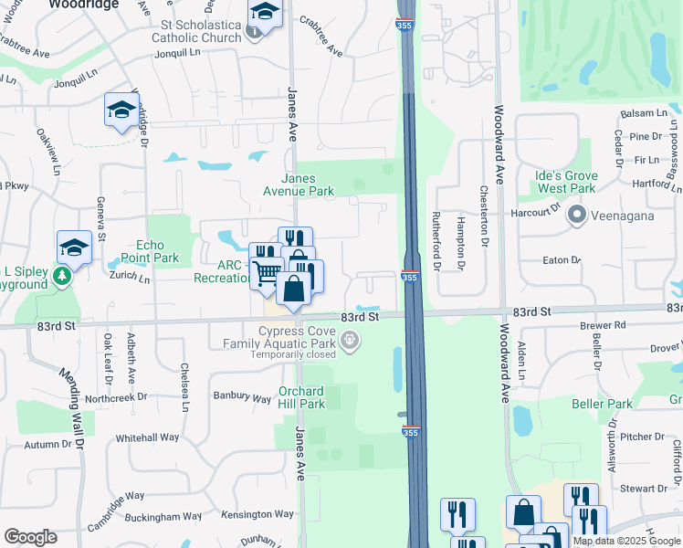 map of restaurants, bars, coffee shops, grocery stores, and more near 1301 Piers Drive in Woodridge