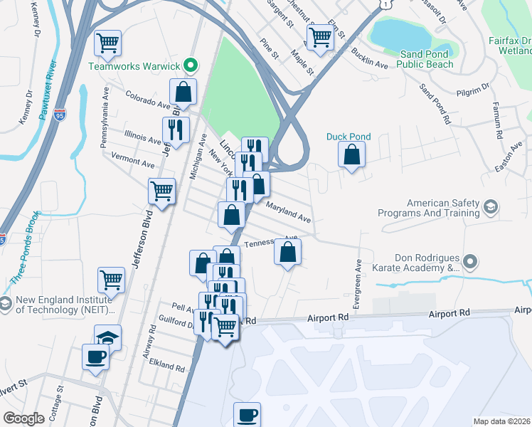 map of restaurants, bars, coffee shops, grocery stores, and more near 85 Massachusetts Avenue in Warwick
