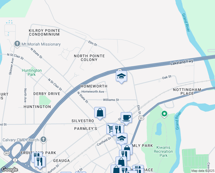 map of restaurants, bars, coffee shops, grocery stores, and more near 636 Pleasant Avenue in Painesville