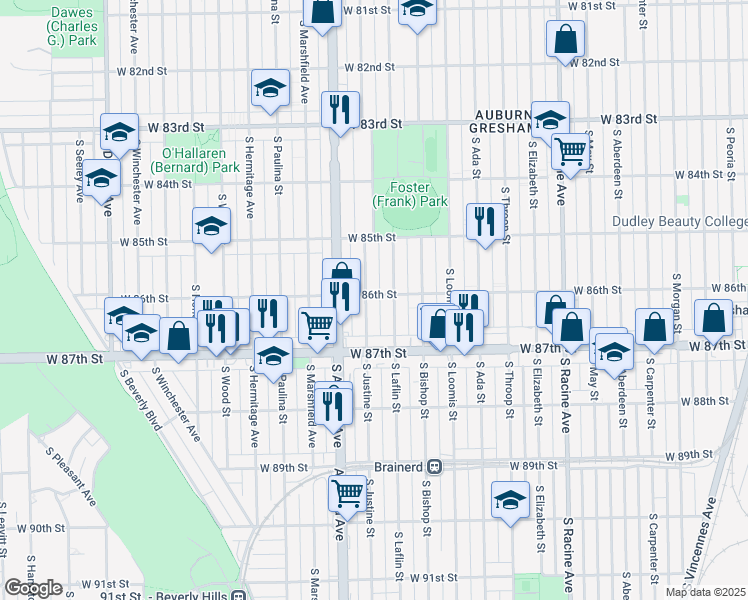 map of restaurants, bars, coffee shops, grocery stores, and more near 8601 S Justine St in Chicago