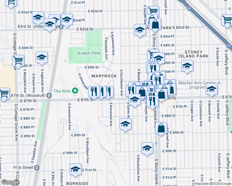 map of restaurants, bars, coffee shops, grocery stores, and more near 8645 South Kenwood Avenue in Chicago