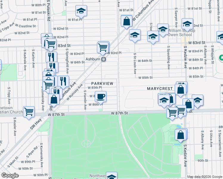map of restaurants, bars, coffee shops, grocery stores, and more near 3611 West 85th Place in Chicago