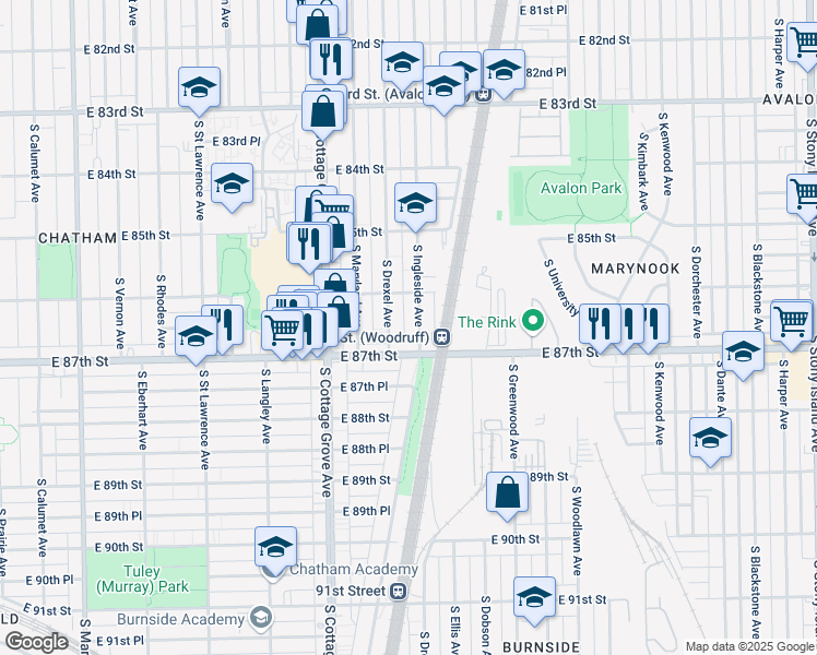 map of restaurants, bars, coffee shops, grocery stores, and more near 8630 South Ingleside Avenue in Chicago
