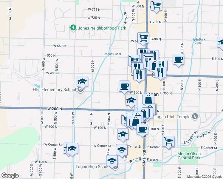 map of restaurants, bars, coffee shops, grocery stores, and more near 308 North 200 West in Logan