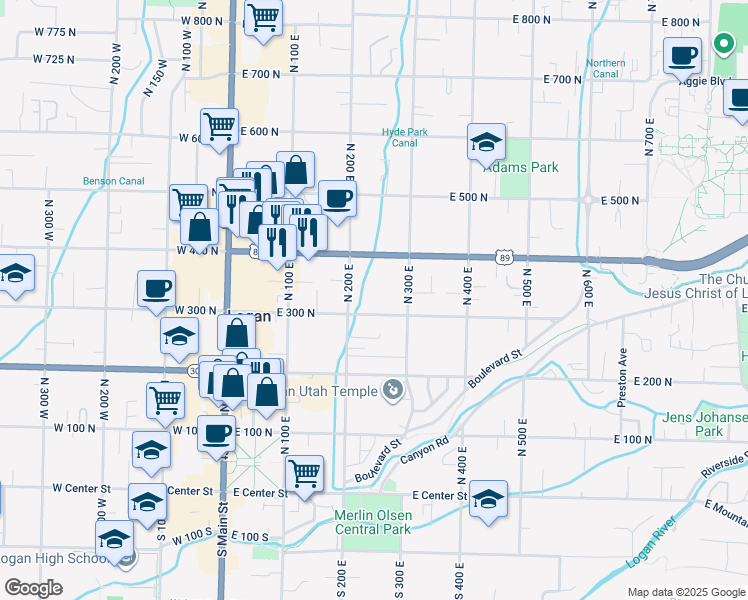 map of restaurants, bars, coffee shops, grocery stores, and more near 261 East 300 North in Logan