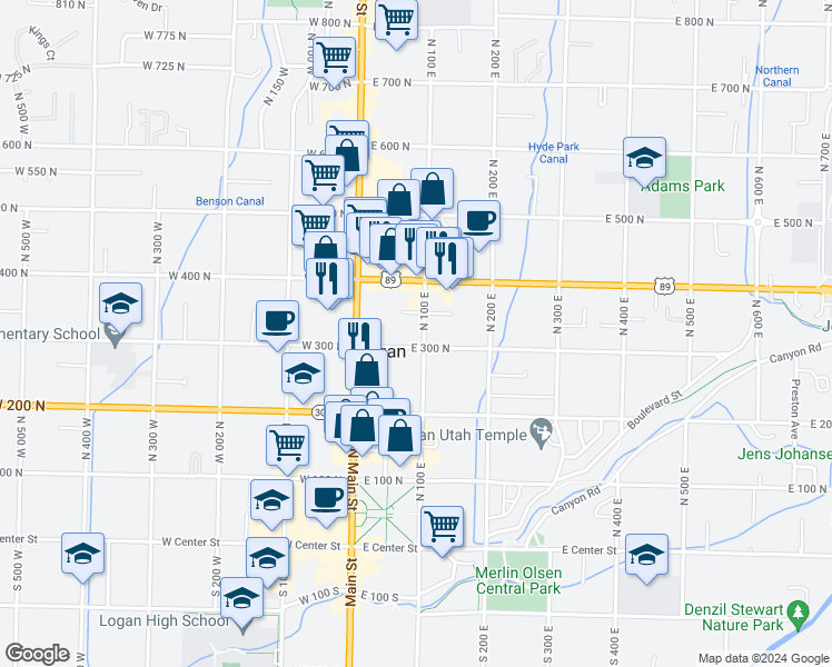 map of restaurants, bars, coffee shops, grocery stores, and more near 93 East 300 North in Logan